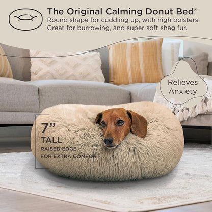 Calming Donut Dog & Cat Bed, Washable with Long Plush Faux Fur, Removable Cover